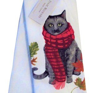 Isaac Mizrahi 2 Pc. Kitchen Towel Set Autumn Fall Cat with Mustache Scarf Leaves